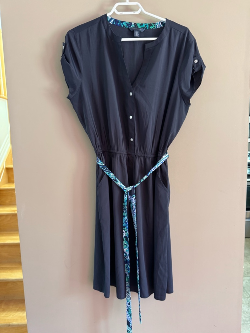 Tommy Hilfiger Navy Midi Dress with Printed Tie Belt